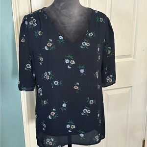 Ann Taylor Factory Navy Floral V-Neck Top